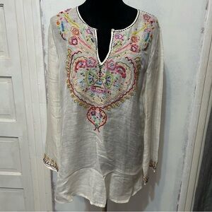 ITSU Silk Linen Tunic Women’s 14 Beaded Floral Boho V Neck Sheer Beachwear